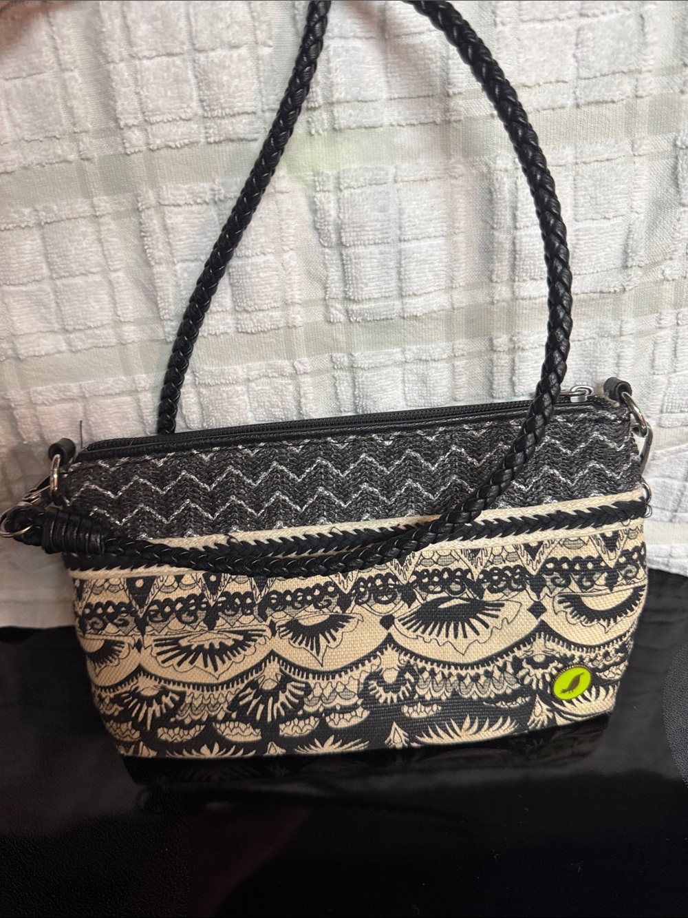 Sakroots Black and Cream Patterned Shoulder Bag with Braided Strap